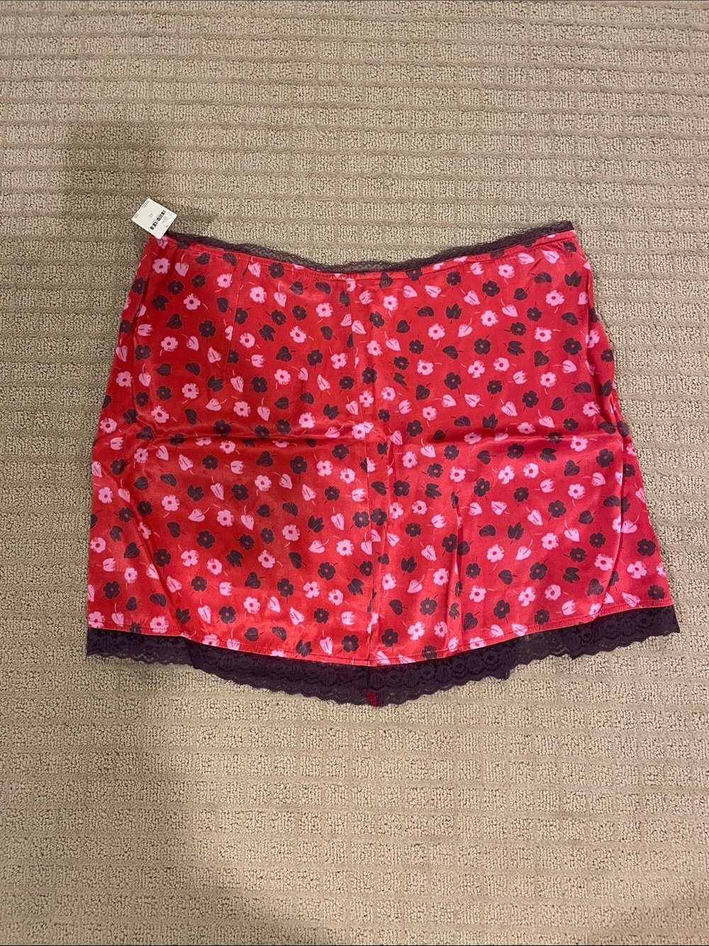 Anthropologie Red Floral Satin Slip Skirt with Lace Trim